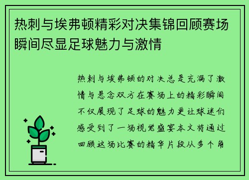 热刺与埃弗顿精彩对决集锦回顾赛场瞬间尽显足球魅力与激情