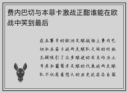 费内巴切与本菲卡激战正酣谁能在欧战中笑到最后